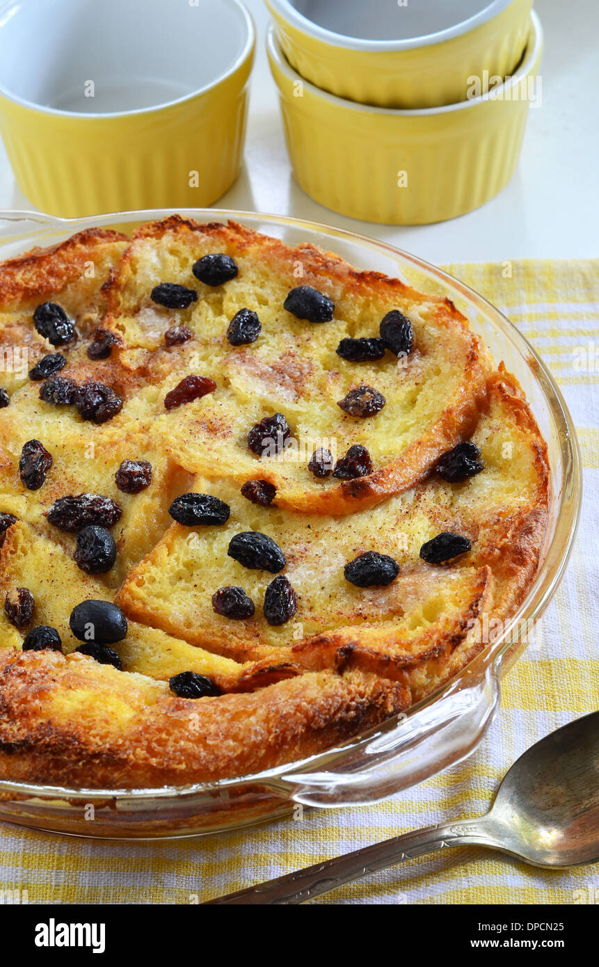 Bread and butter pudding with raisins straight from the oven Stock Photo