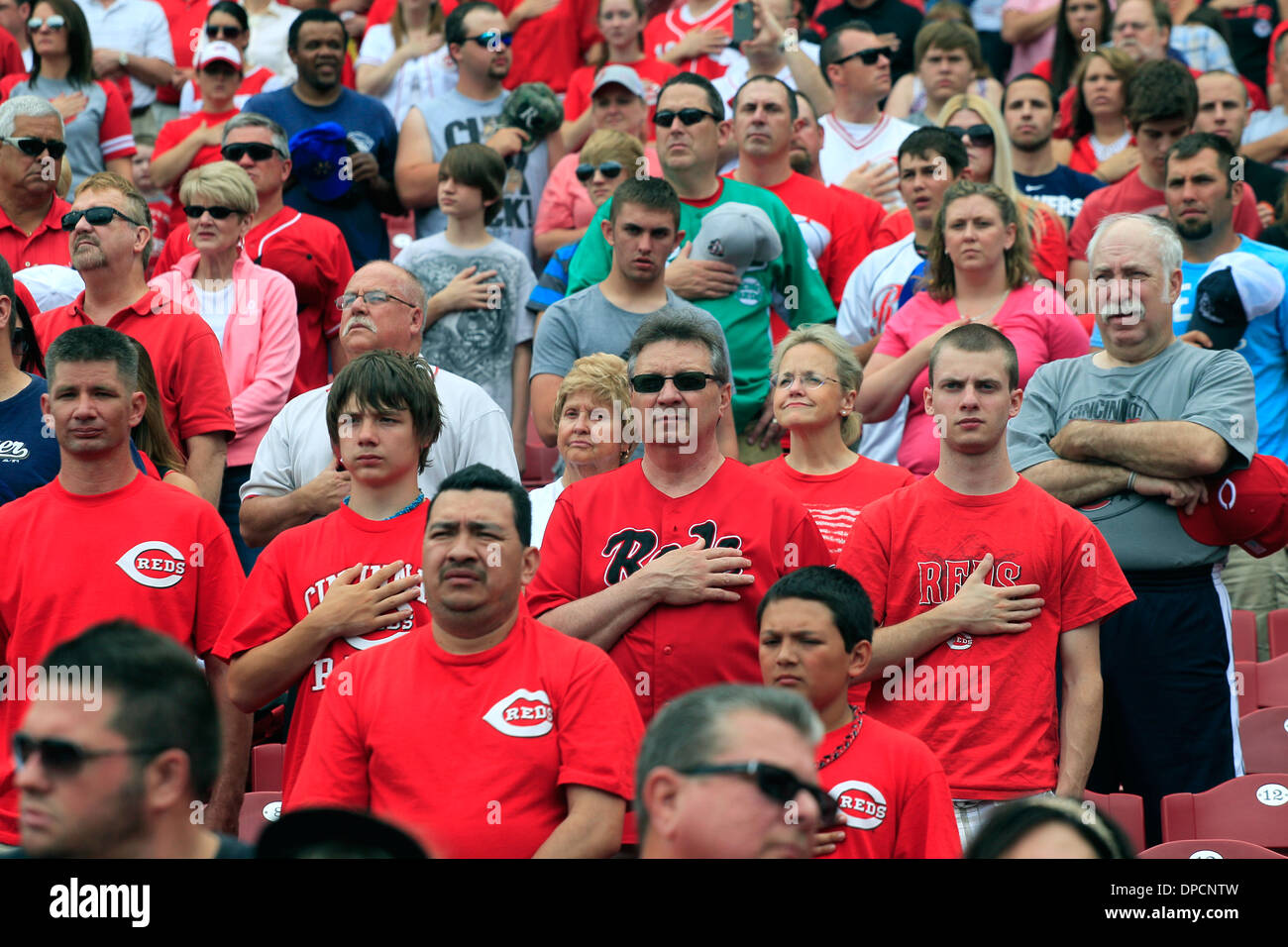 Baseball fans during National Anthem hands on heart Cincinnati Ohio