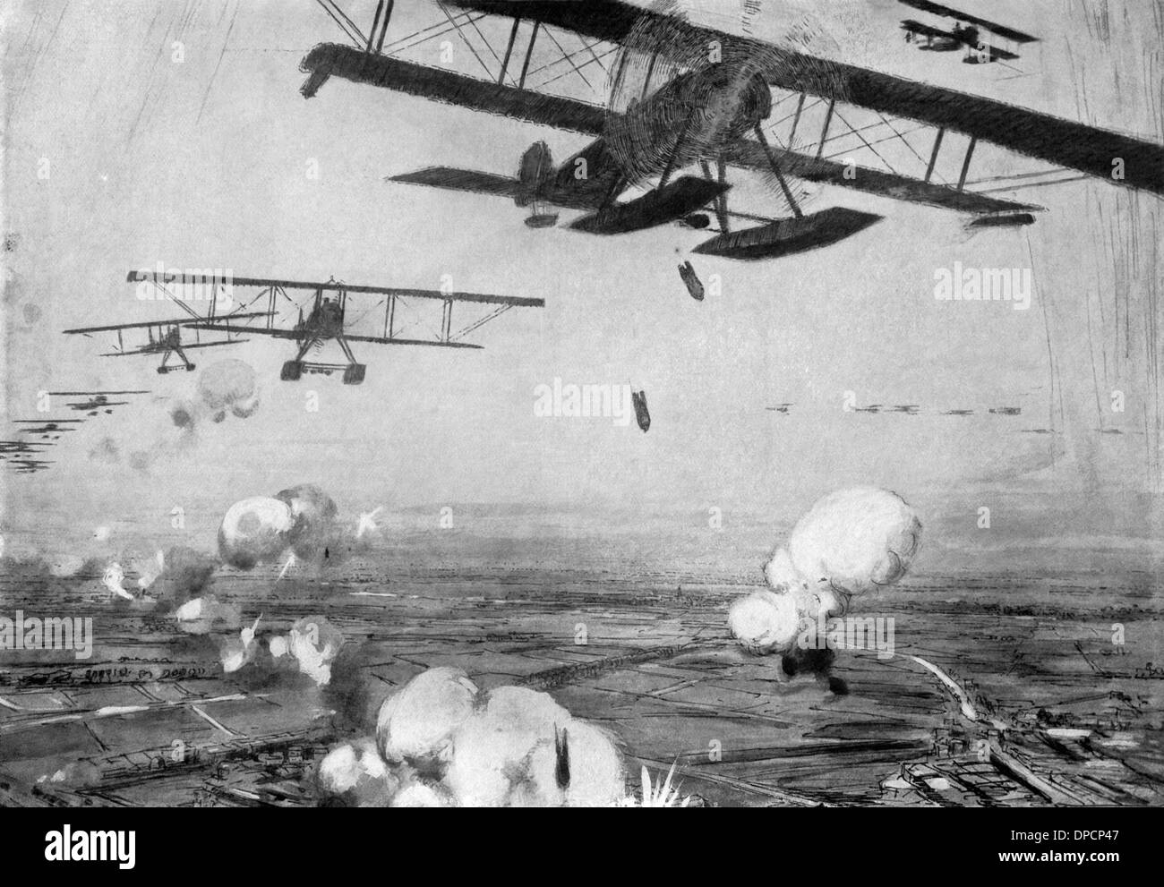 This contemporary illustration shows German bases in Belgium during World War I being attacked by Allied planes. Stock Photo