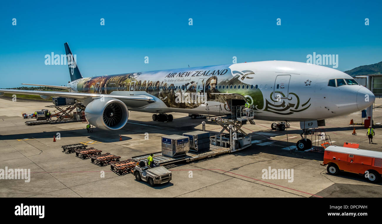 A Hobbit-themed plane from Air New Zealand, Nadi Airport, Fiji Stock Photo
