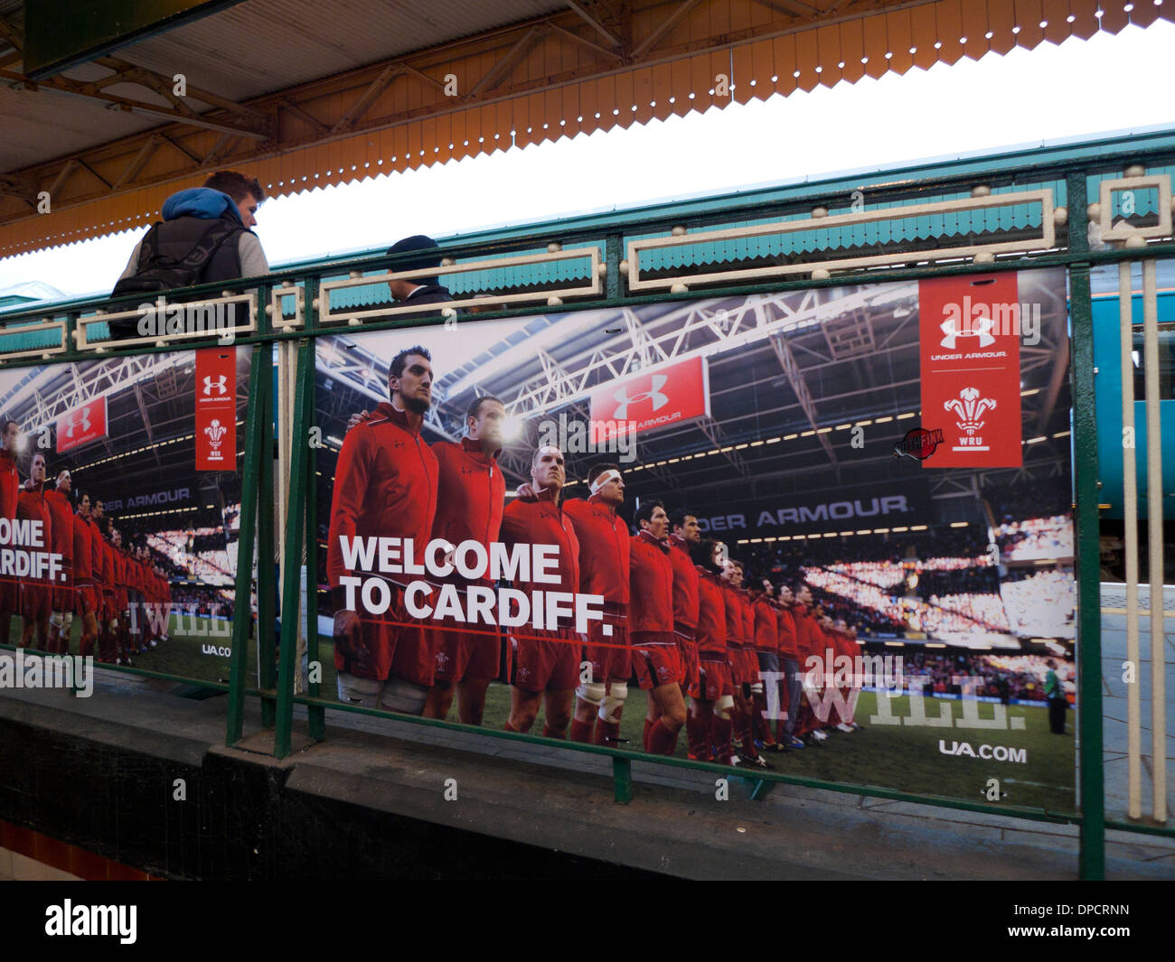 Welcome to Cardiff sign advert with WRU Welsh Rugby Team sponsored by UA Under  Armour Cardiff Central railway station Wales UK KATHY DEWITT Stock Photo -  Alamy