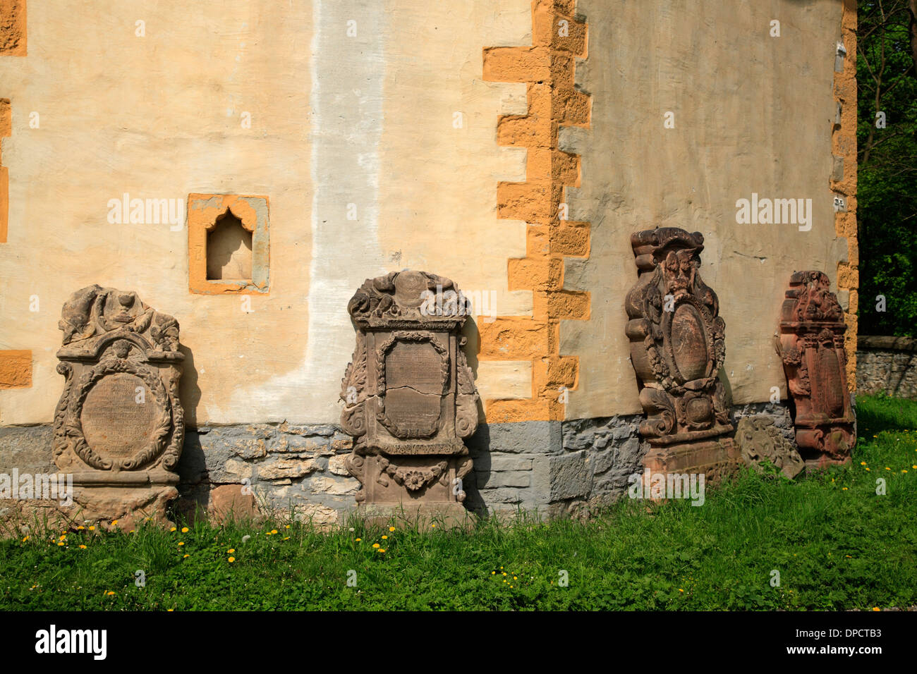 Old grave stones , Church in Tiefurt near Weimar, Thuringia, Germany, Europe Stock Photo