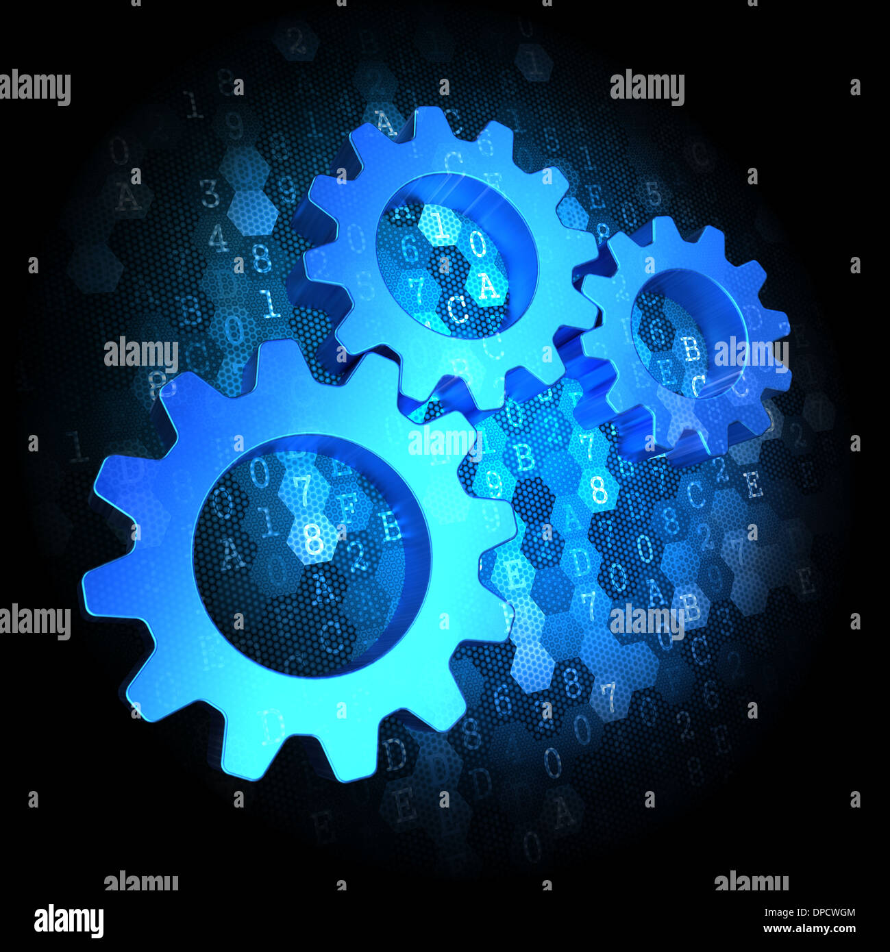 Blue Cogwheel Gear Mechanism Icon on Dark Digital Background. Stock Photo