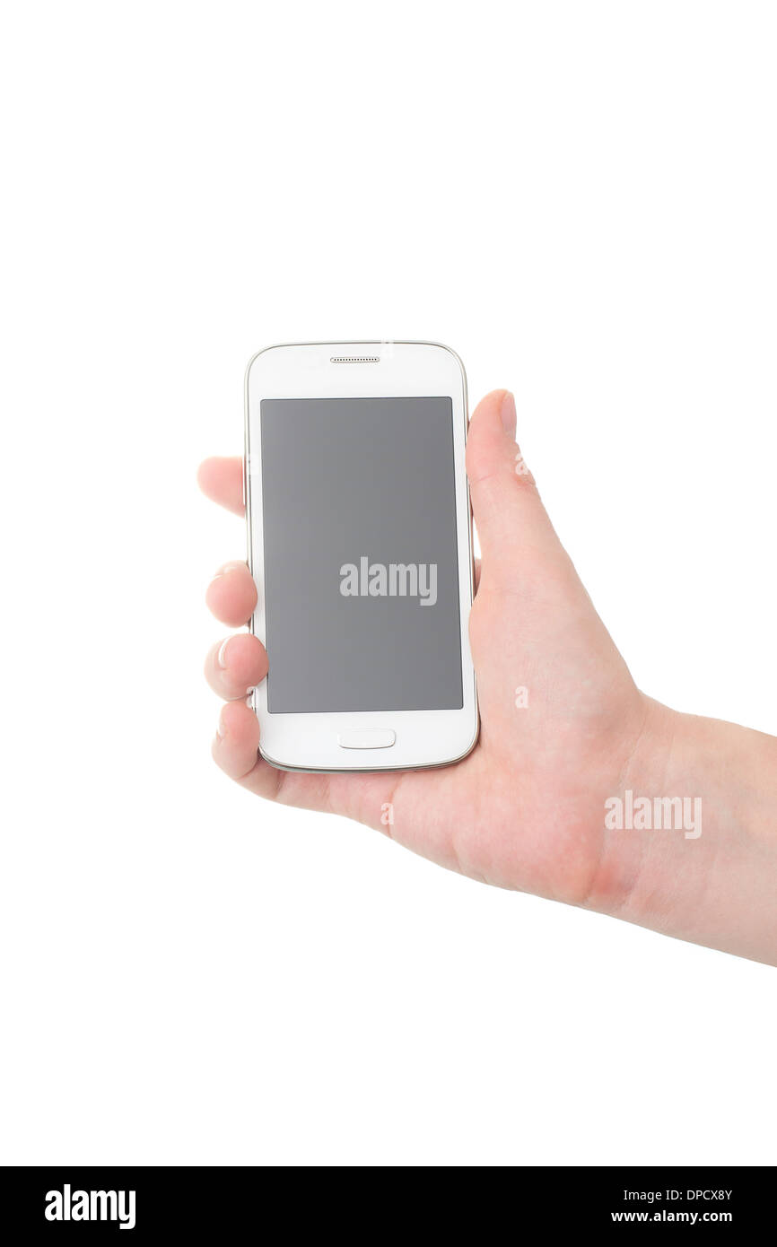 Hand holding mobile smart phone with blank screen. Isolated on white ...