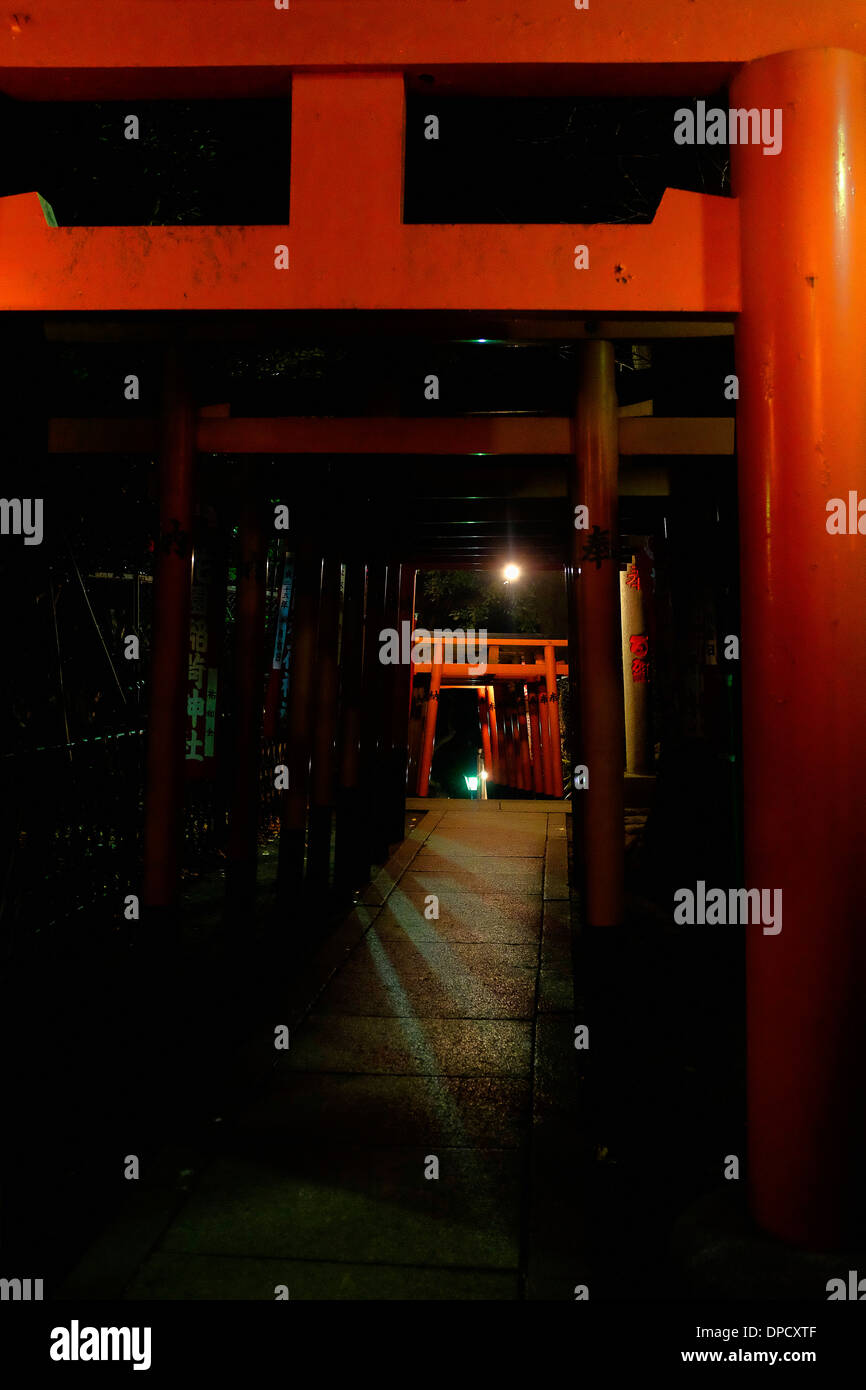 Ueno Hnazono Shrine red torii gate in the night Stock Photo - Alamy