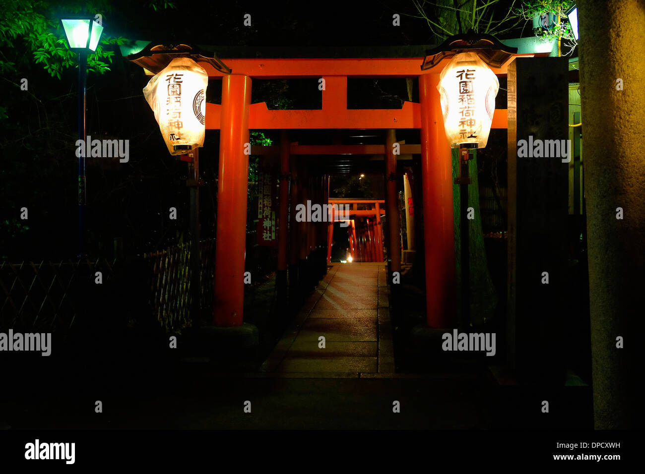 Ueno Hnazono Shrine red torii gate in the night Stock Photo - Alamy