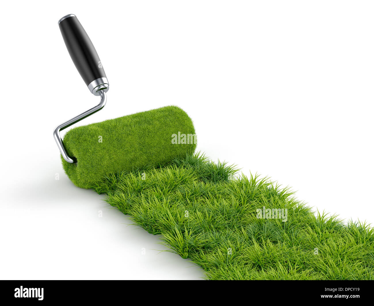 3d illustration of green paint of grass. Roller isolated on white ...