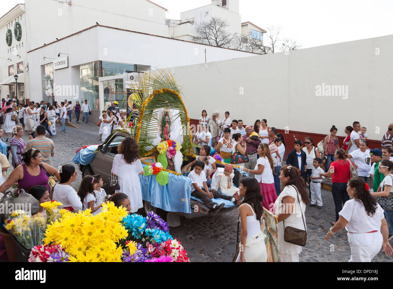 Religious procession celebrating the Festival of Our Lady of Guadalupe - Puerto Vallarta, Jalisco, Mexico Stock Photo
