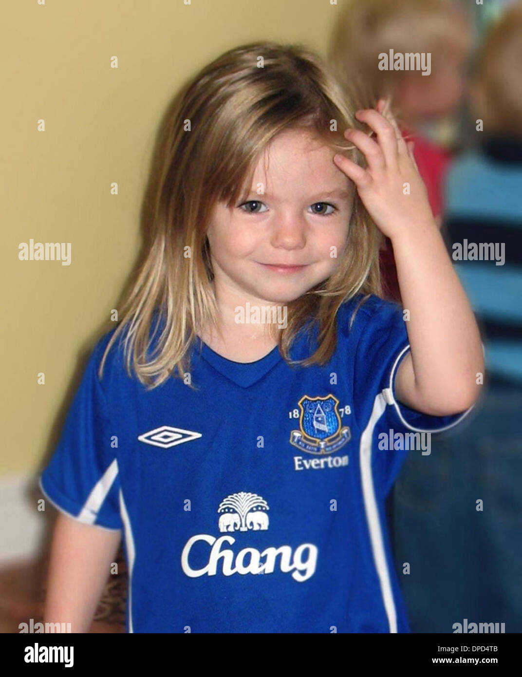Handout Photo of Madeleine McCann who has been missing since May 3 2007. Pictures wearing an Eveton Football Club shirt. Stock Photo