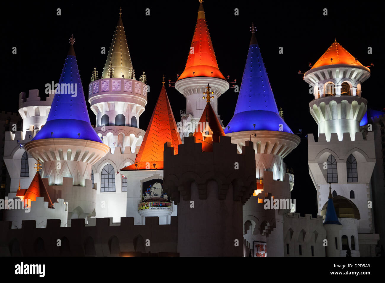 Excalibur Hotel in Las Vegas, illuminated at night Stock Photo