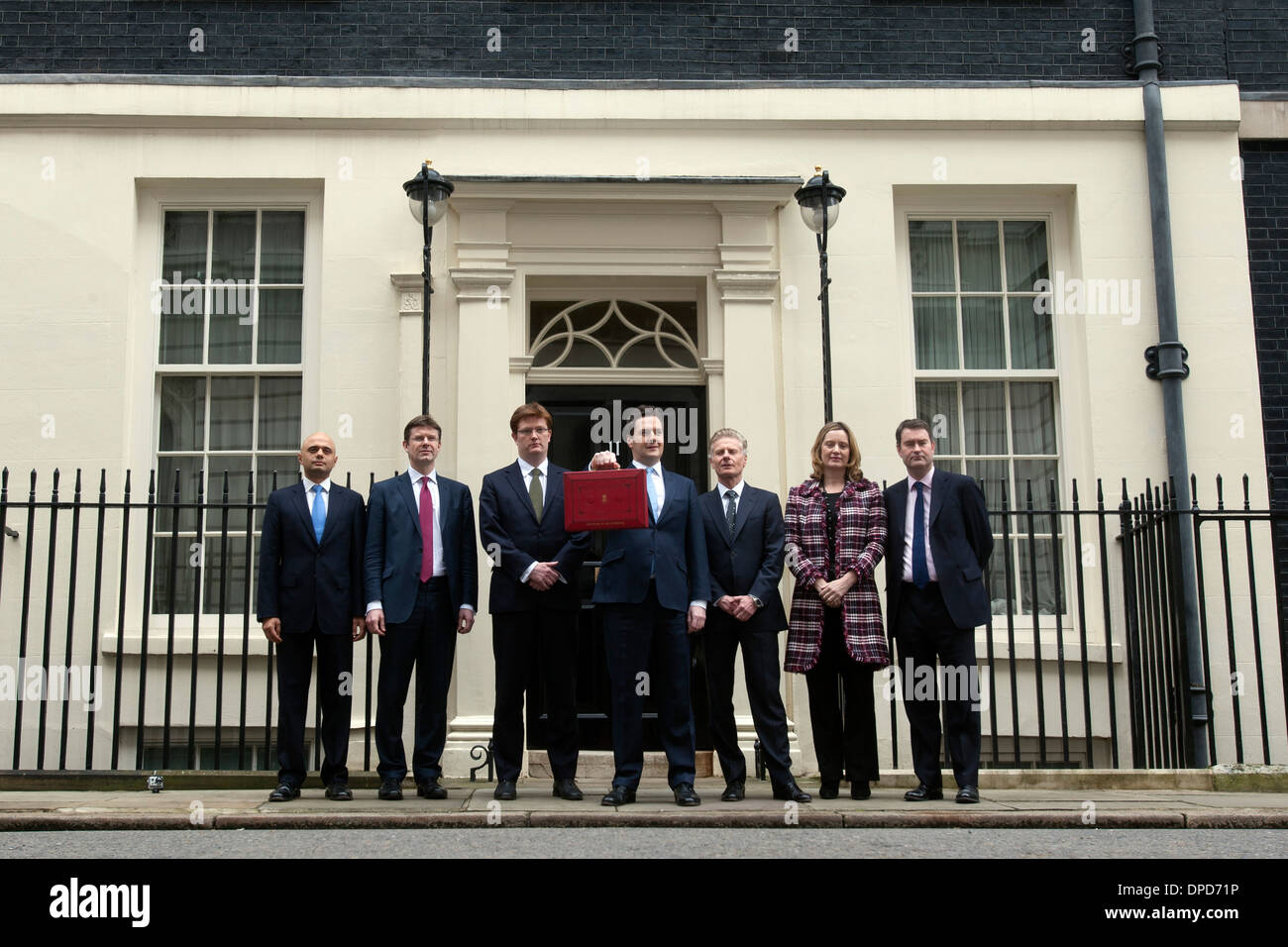 Britain's Chancellor of the Excheguer (Minister of Finance) George Osborne holds aloft his red despatch box as he leaves his off Stock Photo