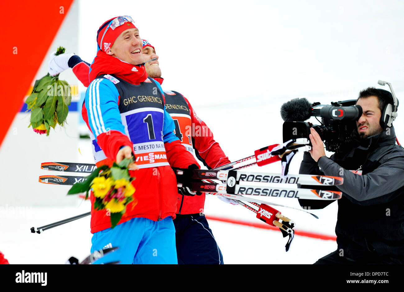 World Cup cross-country skiing, sprint team, classic, January 12, 2014, Nove Mesto na Morave, Czech Republic. Nikita Krjukov (left) of Russia and Paal Golberg of Norway. (CTK Photo/David Tanecek) Stock Photo