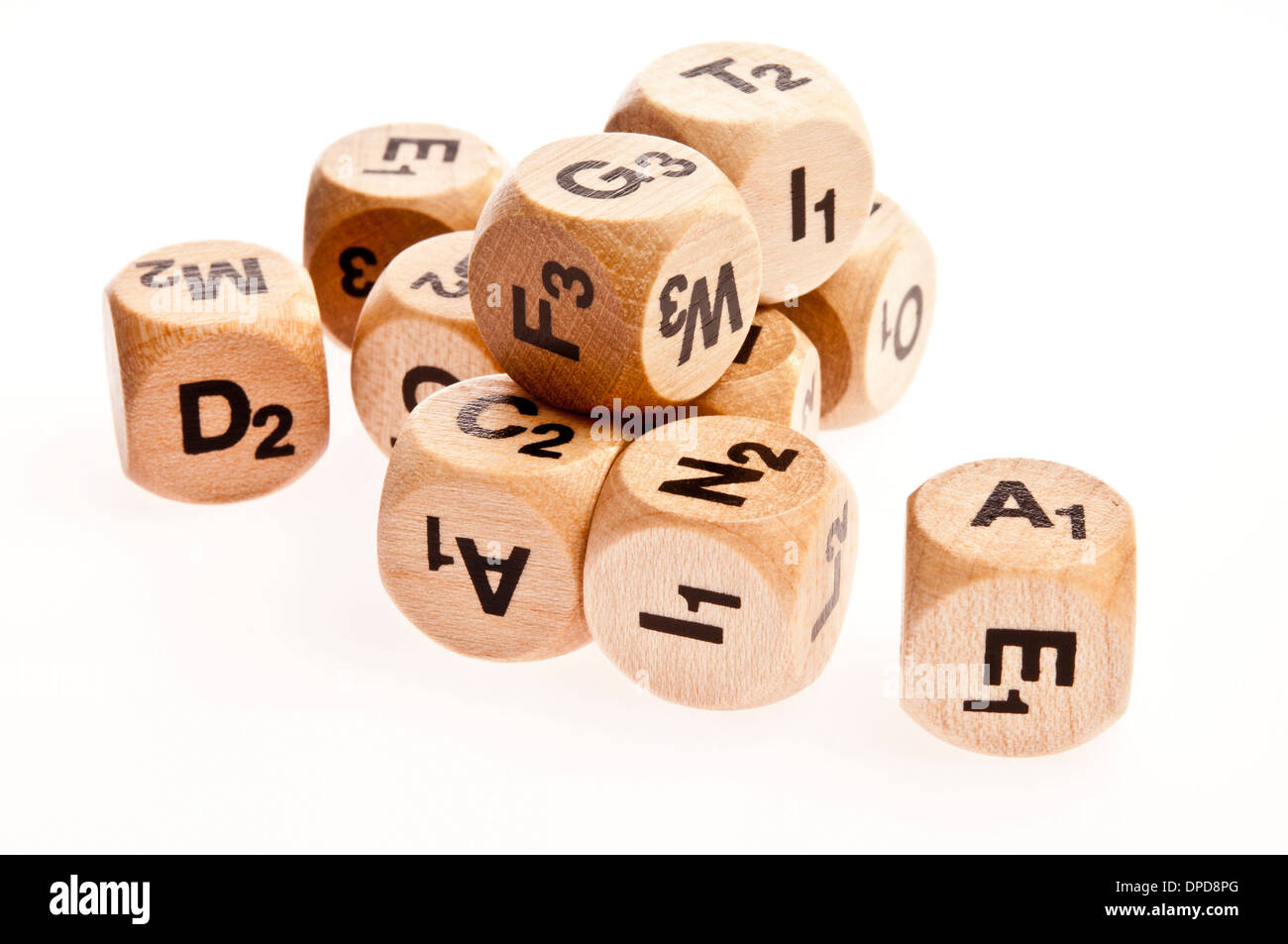 wooden dice with letters Stock Photo