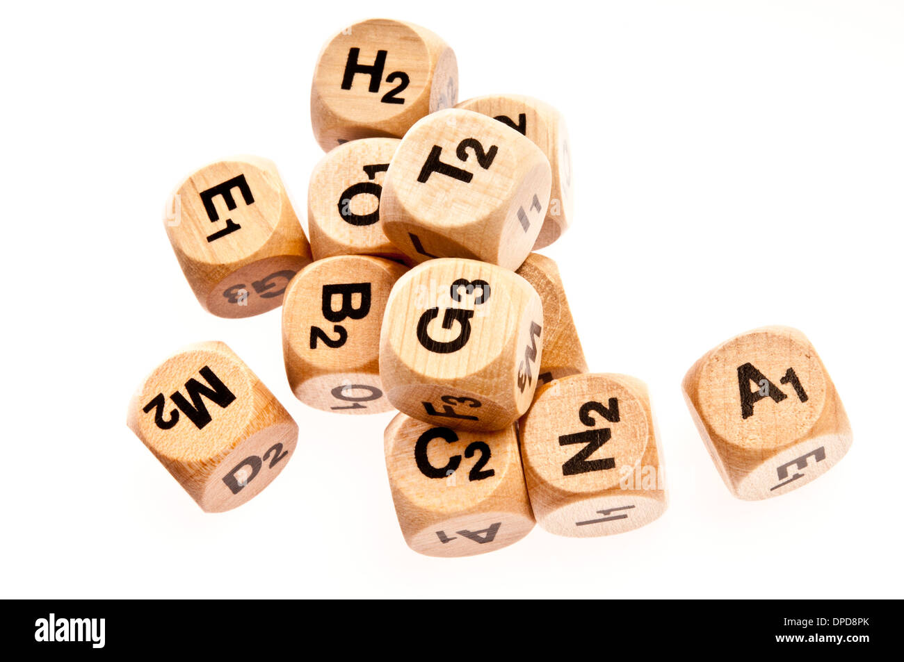 wooden dice with letters Stock Photo