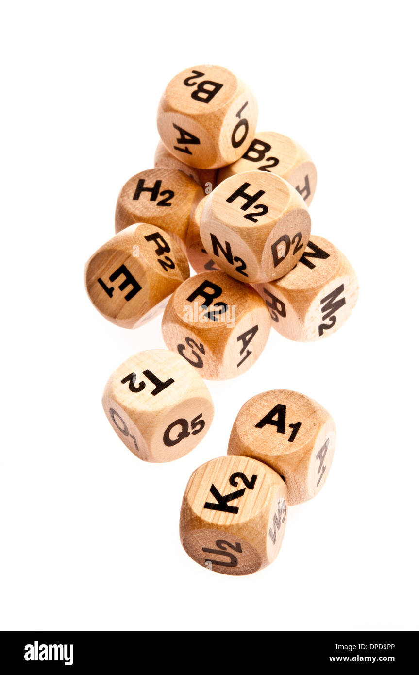 wooden dice with letters Stock Photo