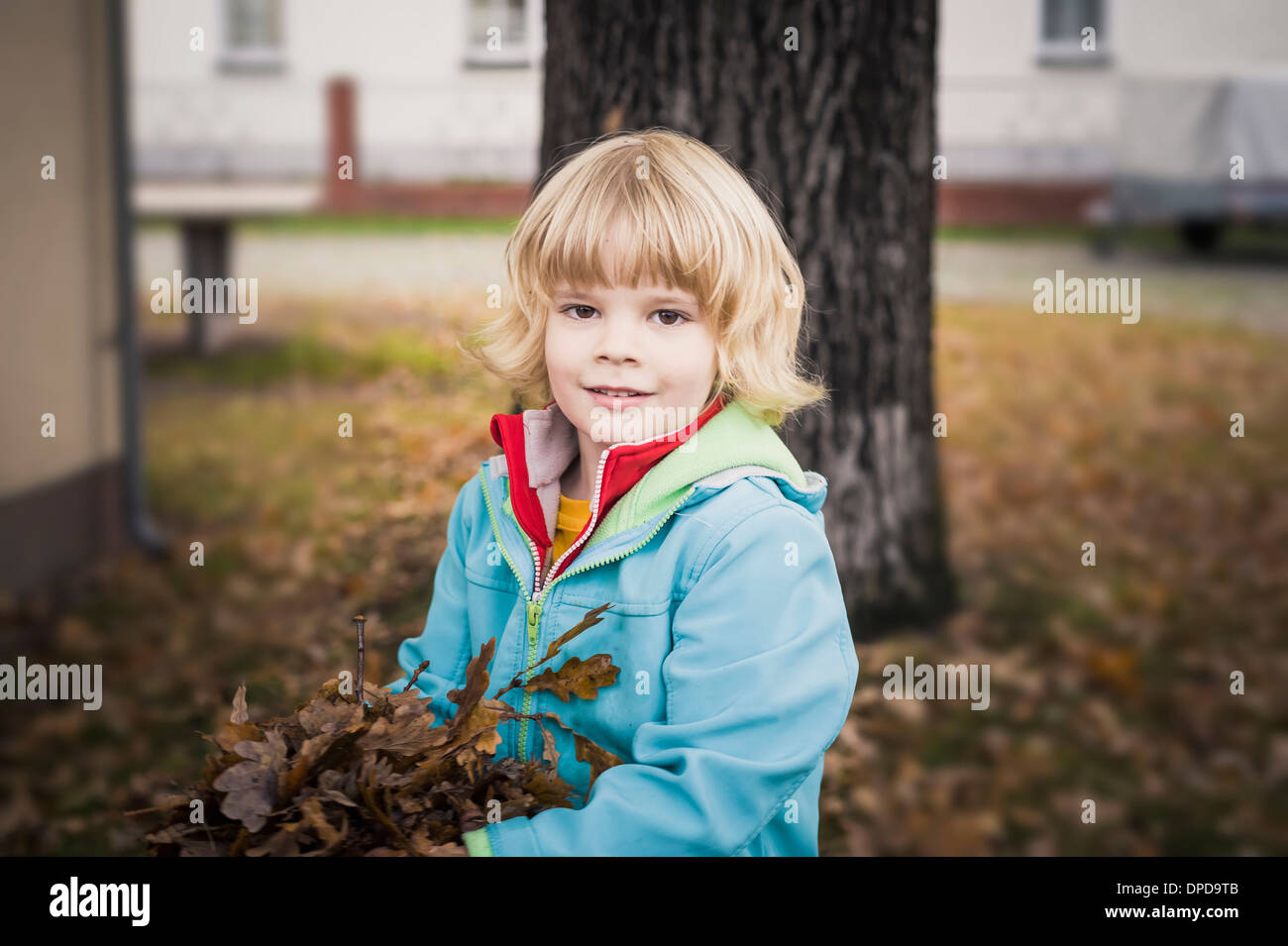 Portrait of little boy holding autumn leaves Stock Photo - Alamy