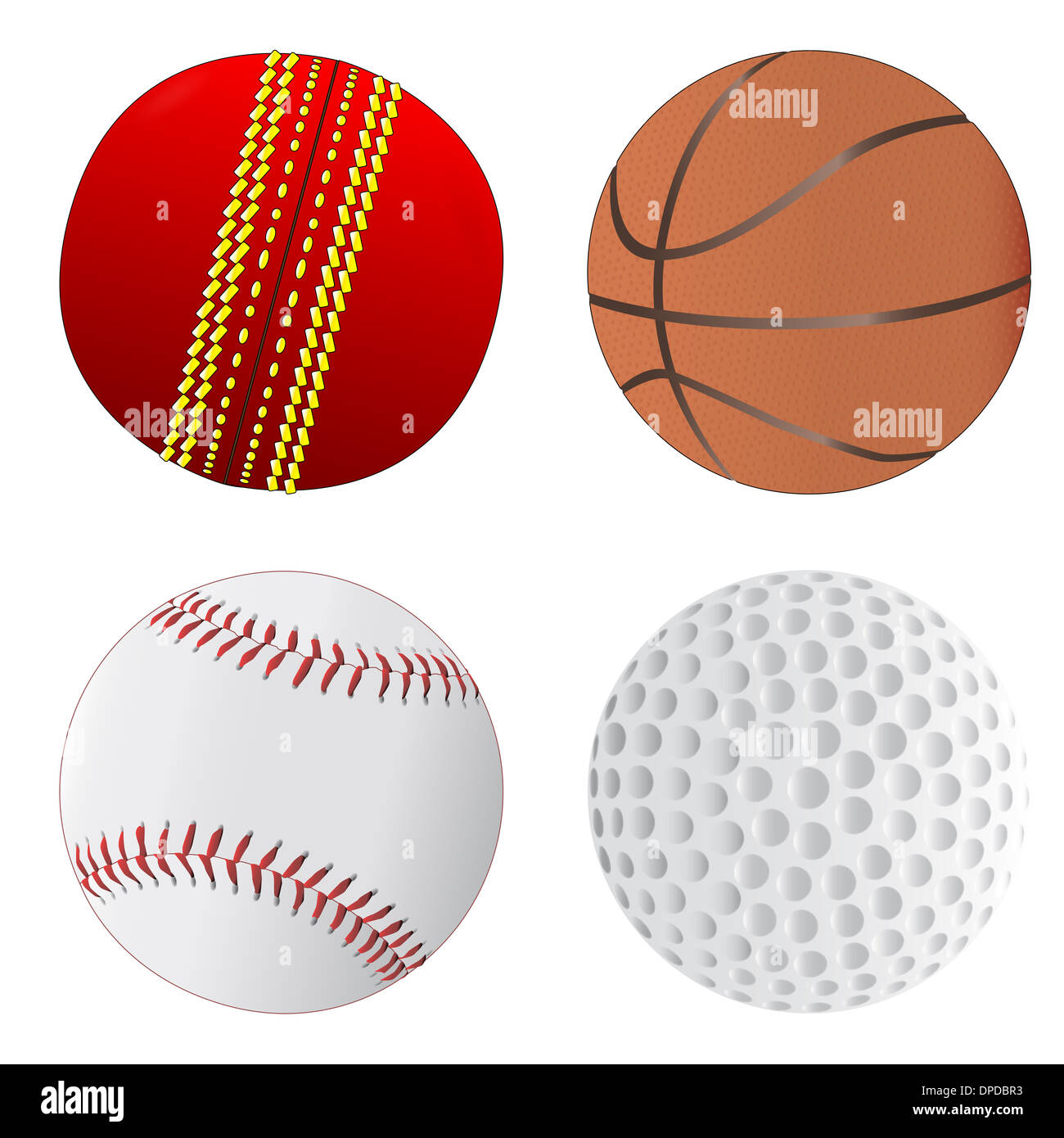 A set of four sports balls on white - Golf, Cricket, Baseball, Basketball Stock Alamy