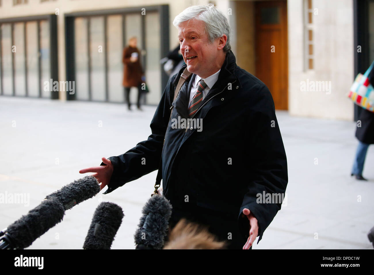 New BBC boss Tony Hall arrives to BBC Broadcasting House for his first day work Stock Photo