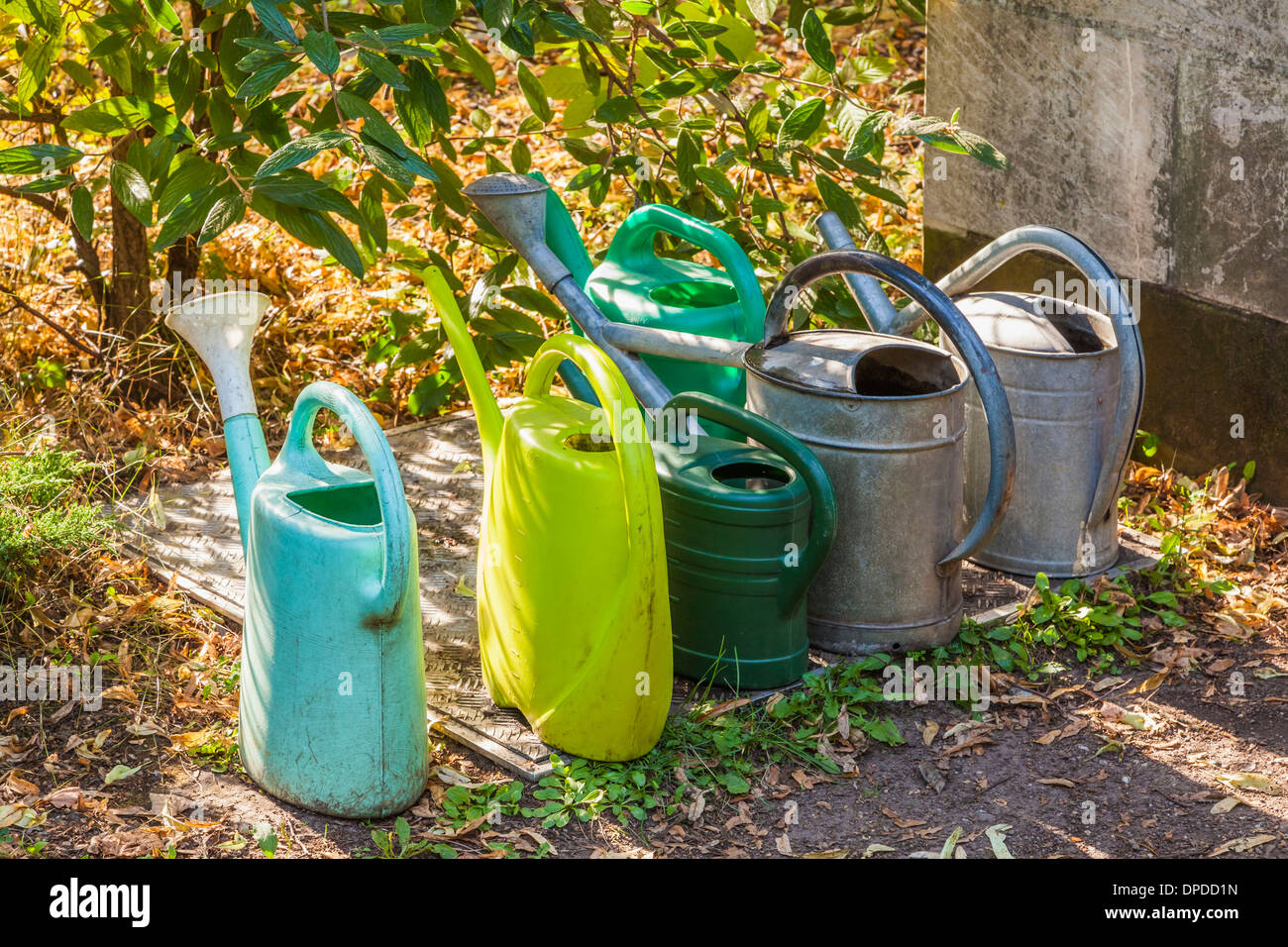 Variation of watering cans Stock Photo