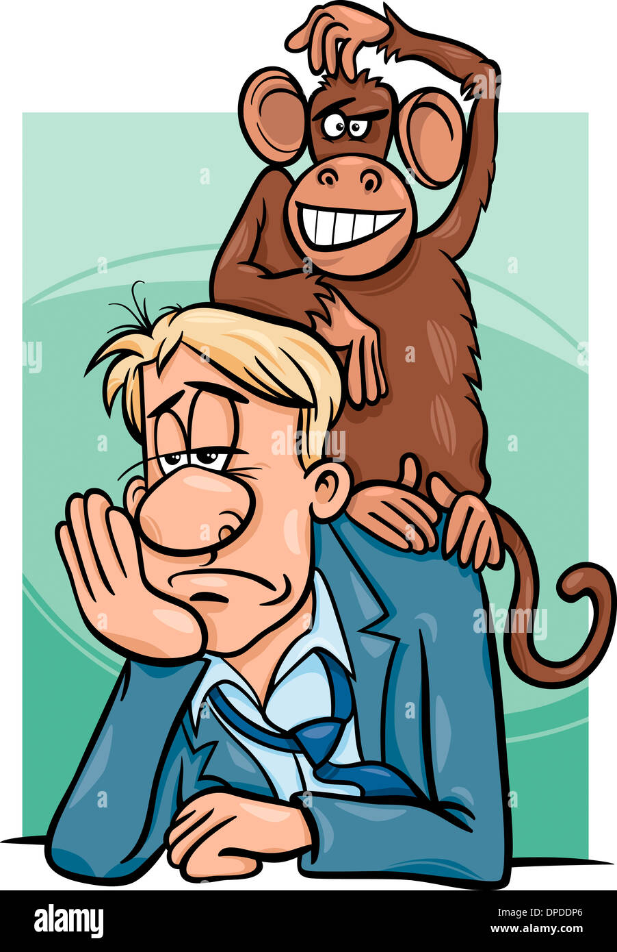 Cartoon Humor Concept Illustration of Monkey on your Back Saying or Proverb Stock Photo