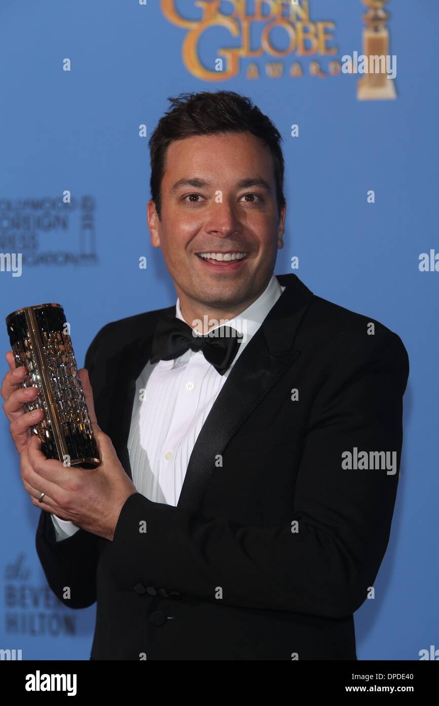 Los Angeles, California, USA. 12th January 2014. Jimmy Fallon poses in the press room of the 71st Annual Golden Globe Awards aka Golden Globes at Hotel Beverly Hilton in Los Angeles, USA, on 12 January 2014. Photo: Hubert Boesl/dpa/Alamy Live News Stock Photo