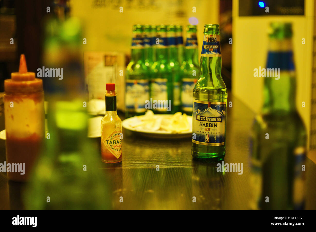 Empty bottles of Harbin beer, China Stock Photo