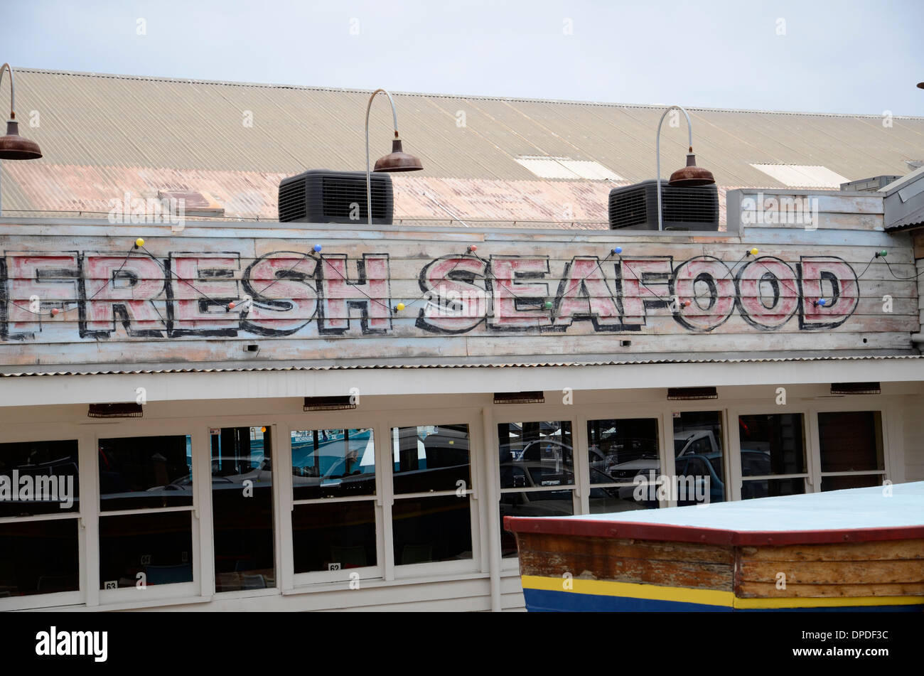 A Fresh Seafood sign on a restaurant in Fremantle, Western Australia Stock Photo