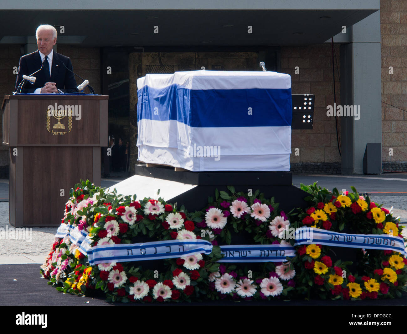 U.S. Vice President, Joe Biden, delivers a eulogy for former Israeli Prime Minister, Ariel Sharon, at the Knesset plaza at a state memorial ceremony. Biden headed one of over twenty international delegations paying last respects to Sharon. Jerusalem, Israel. 13-Jan-2014.  A state memorial ceremony was held at the Knesset for Former PM Ariel Sharon. President Peres, PM Netanyahu, Knesset Speaker Edelstein, US Vice President Biden and former British PM Blair delivered eulogies. Sharon passed away Saturday at age 85. Stock Photo