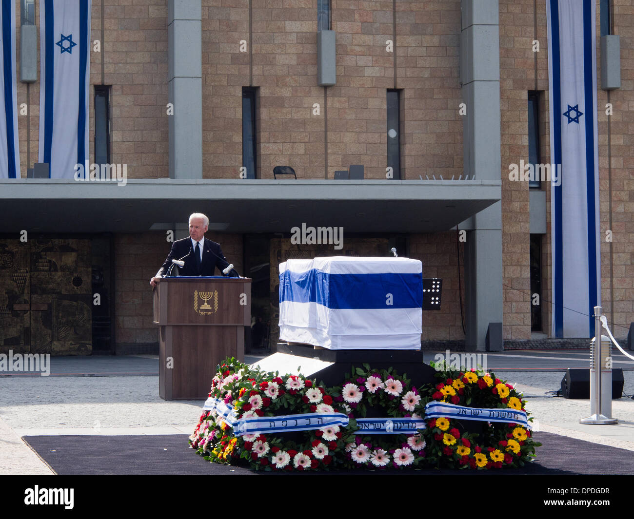 U.S. Vice President, Joe Biden, delivers a eulogy for former Israeli Prime Minister, Ariel Sharon, at the Knesset plaza at a state memorial ceremony. Biden headed one of over twenty international delegations paying last respects to Sharon. Jerusalem, Israel. 13-Jan-2014.  A state memorial ceremony was held at the Knesset for Former PM Ariel Sharon. President Peres, PM Netanyahu, Knesset Speaker Edelstein, US Vice President Biden and former British PM Blair delivered eulogies. Sharon passed away Saturday at age 85. Stock Photo