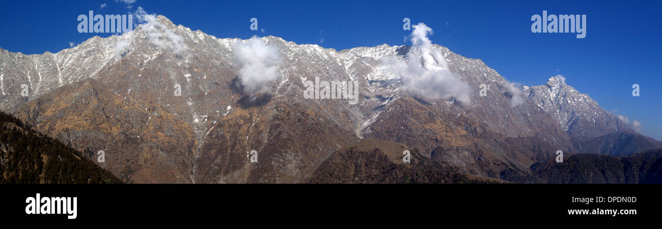From Triund -Moon Peak and Indian 'Matterhorn', Dhauladhar mountains, nr Mcleodganj, Dharamshala, Himachal Pradesh, North India. Stock Photo