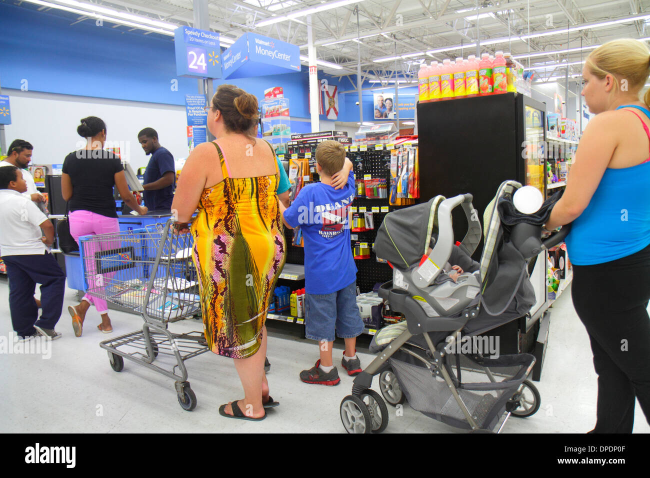 Miami Florida WalMart Walmart shopping line queue check out Stock