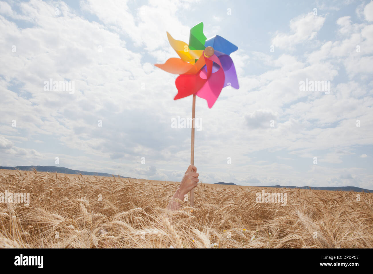 Hand holding windmill in wheat field Stock Photo