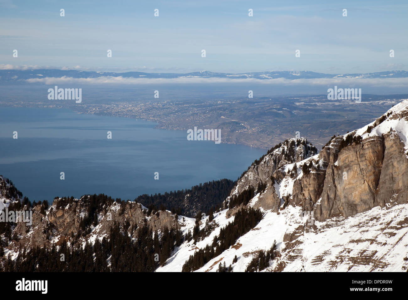 Lake Geneva ( Lac Leman ), Switzerland seen from La Berneuse mountain peak, landscape, Switzerland Europe Stock Photo