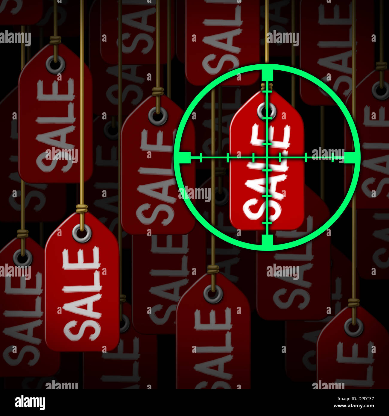 Bargain hunter and hunting for sales as a consumer concept with target crosshairs aiming at hanging price tags as a metaphor for smart shopping at stores or ecommerce business. Stock Photo