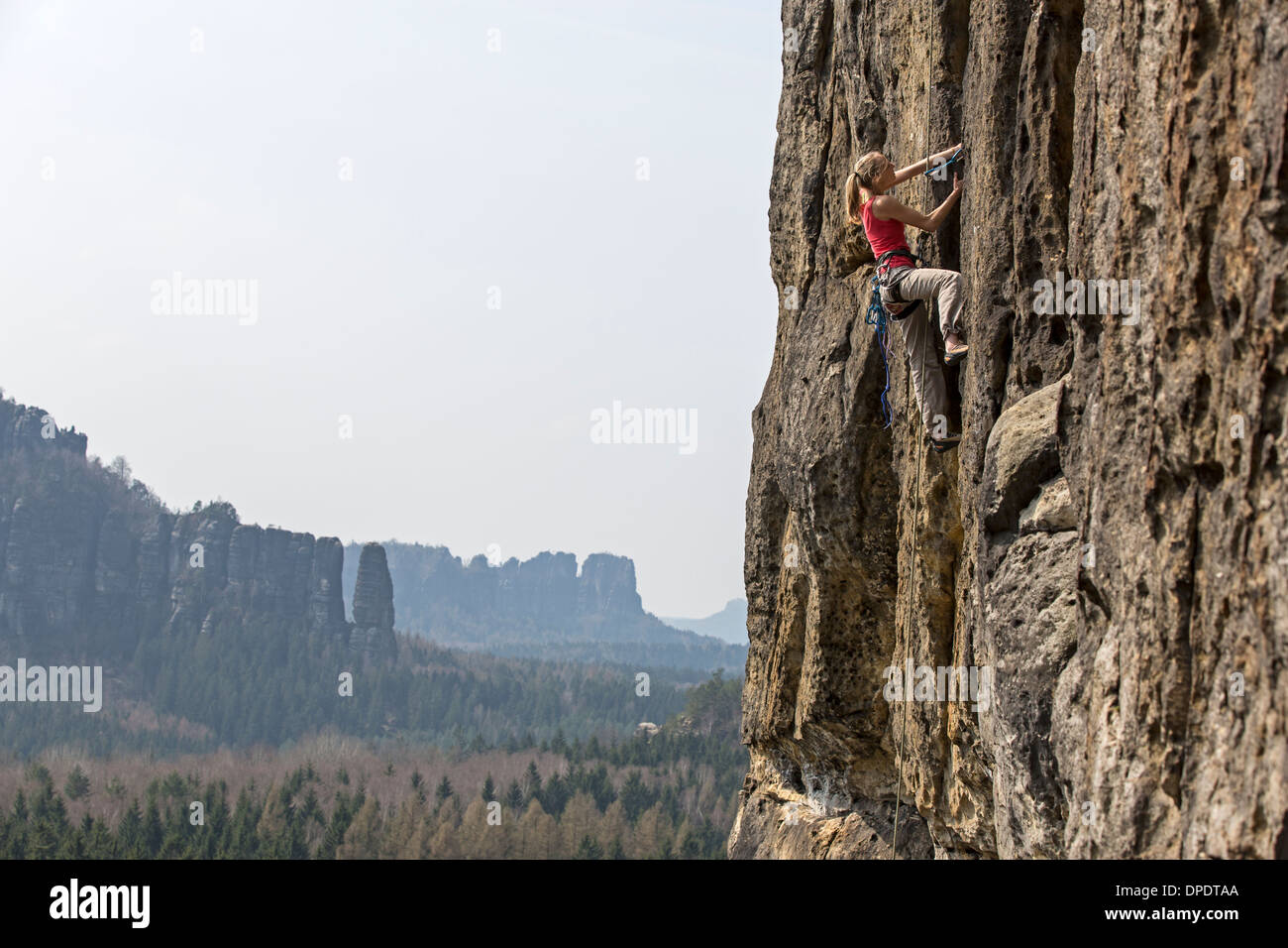 Freeclimbing, Elbe Sandstone Mountains, Germany, Europe Stock Photo