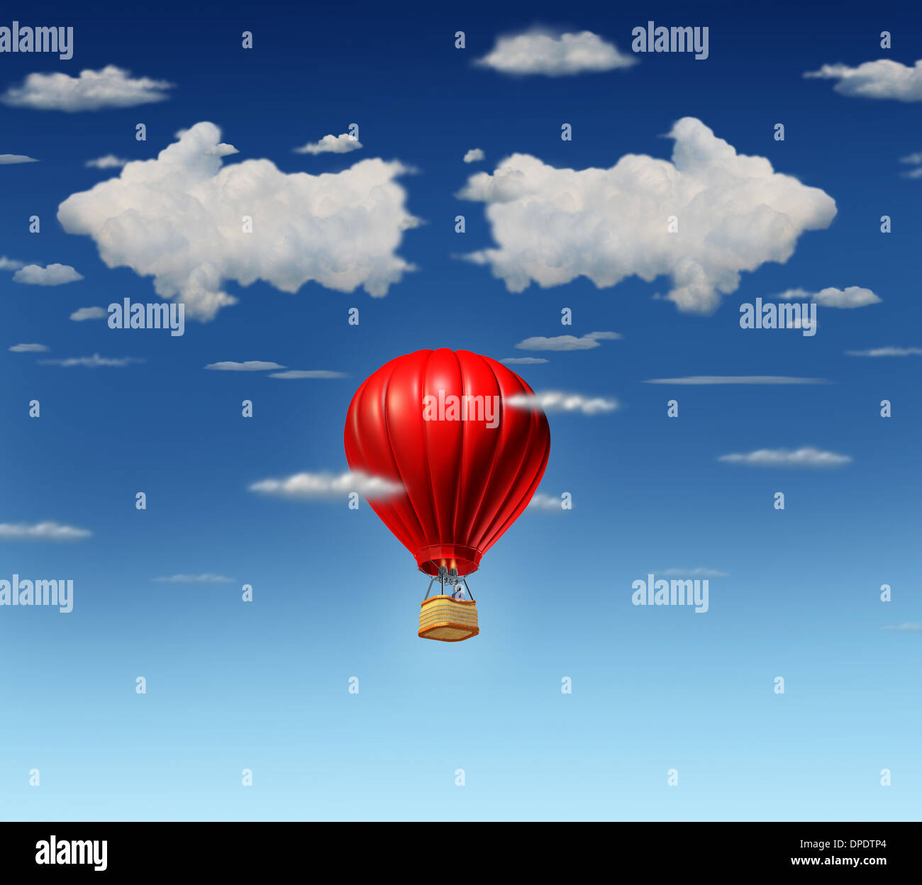Success choice business concept as a red air balloon with a businessman pilot flying up and facing a difficult direction dilemma with clouds shaped as opposite pointing arrows in the sky. Stock Photo