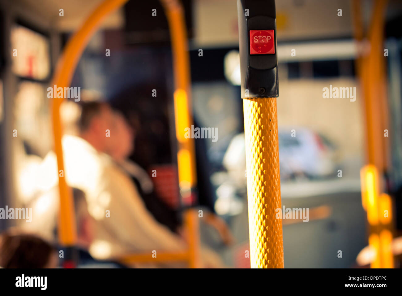 Inside public bus transport and stop button detail Stock Photo