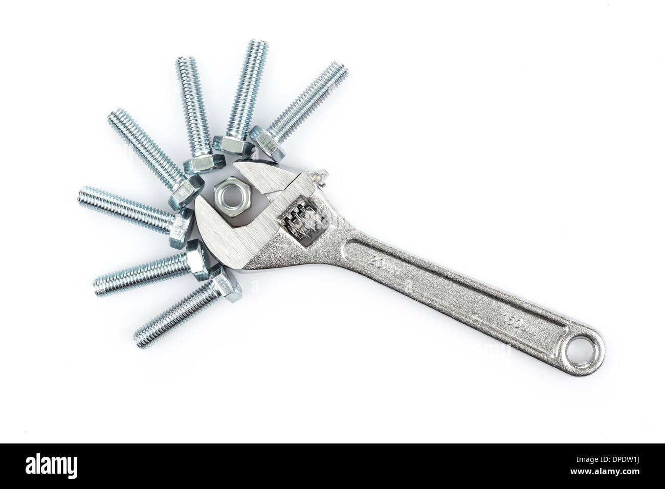 Adjustable wrench with screws on white background Stock Photo Alamy