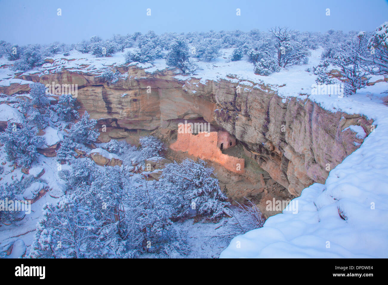 Ancient ruin and snow, Proposed San Juan Anasazi Wilderness Utah Basktmaker Culture cliff dwellings Stock Photo