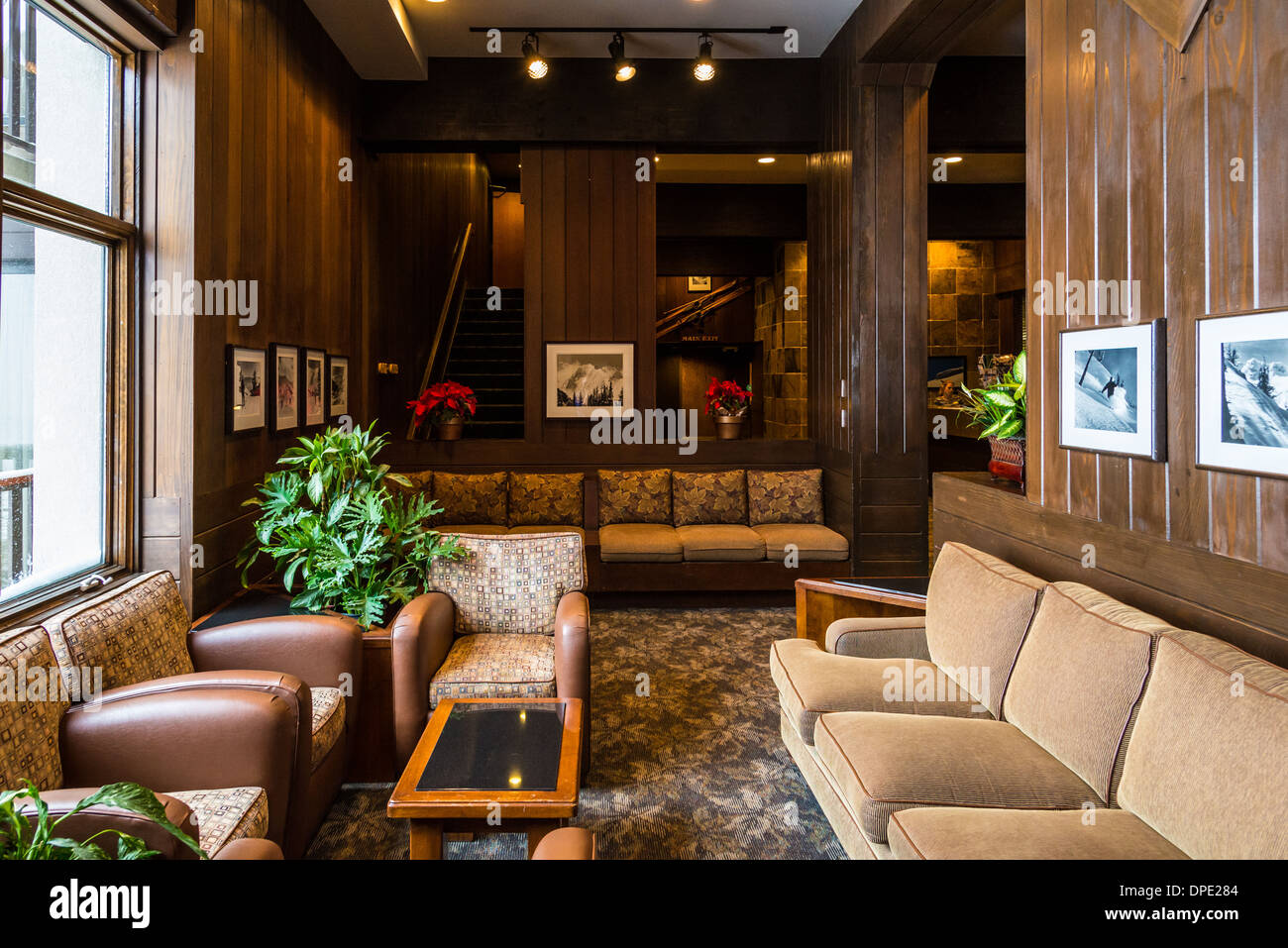 Rustler Ski Lodge sitting area with sofa and table. Alta, Utah, USA. Stock Photo