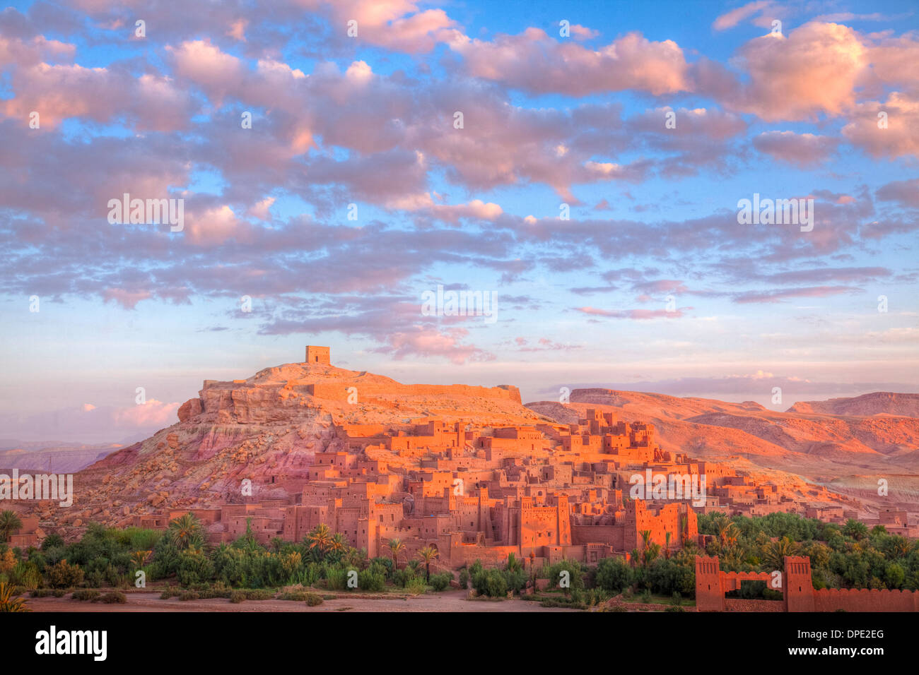 Ait Benhaddou, Morocco Ancient mud-brick kasbah, Sahara Desert 1,000-year-old caravanserai, UNESCO World Heritage Site Stock Photo