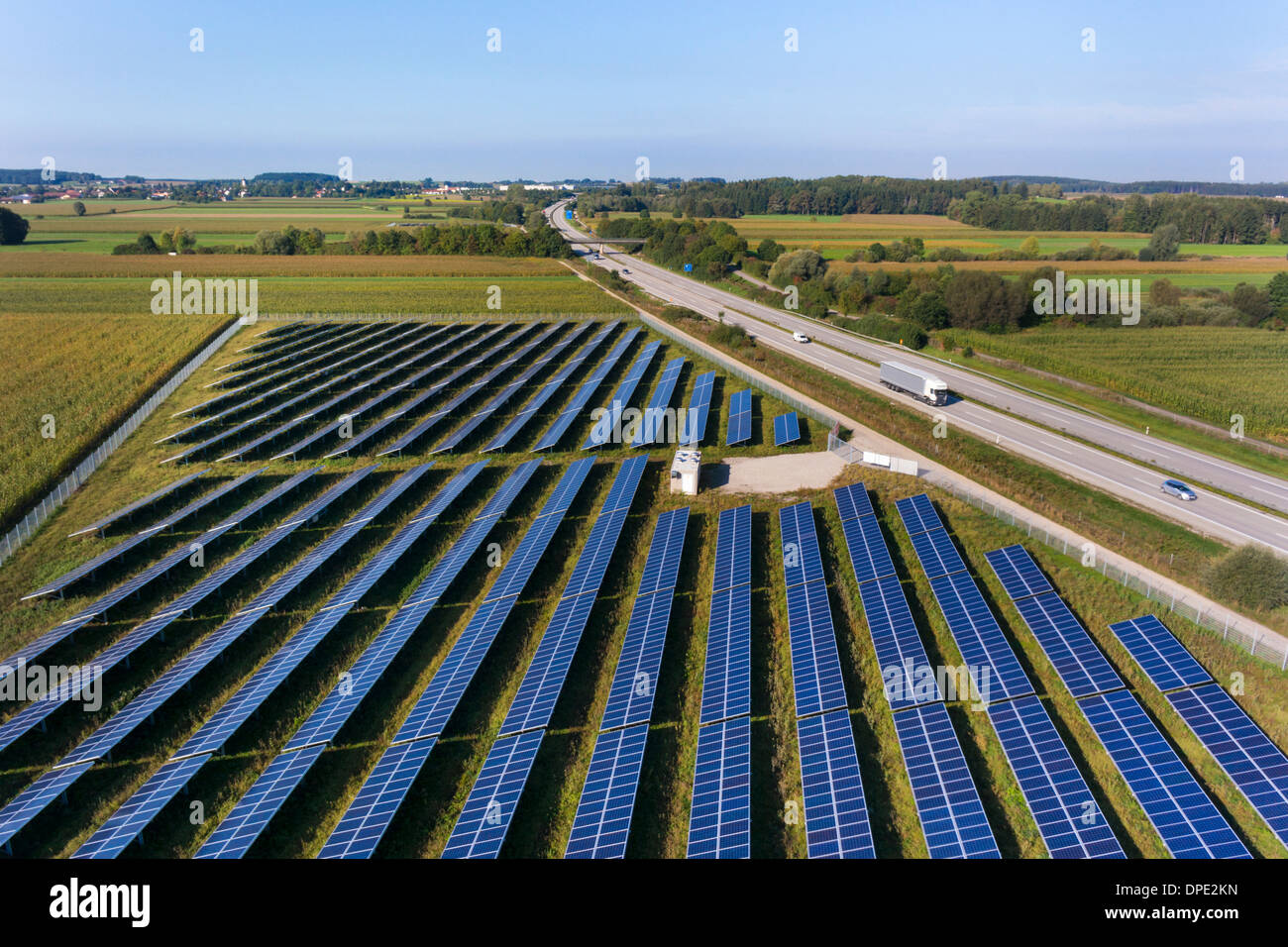 View of road and solar power panels, Munich, Bavaria, Germany Stock Photo