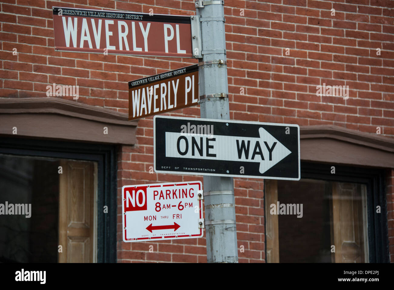 Street Signs at the corner of Waverly Place and Waverly Place in Greenwich Village, New York City, USA Stock Photo
