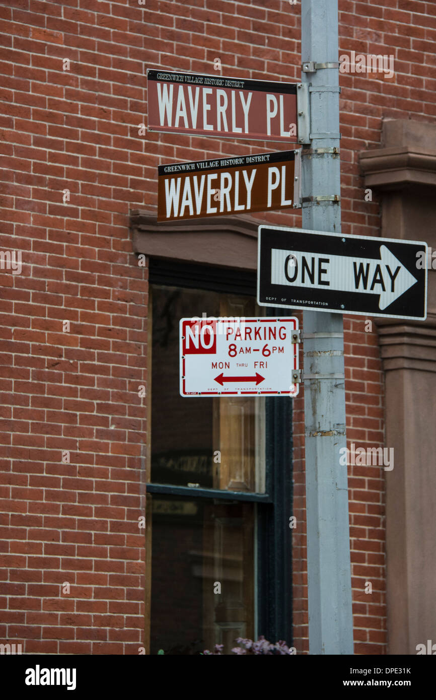 Street Signs at the corner of Waverly Place and Waverly Place in Greenwich Village, New York City, USA Stock Photo