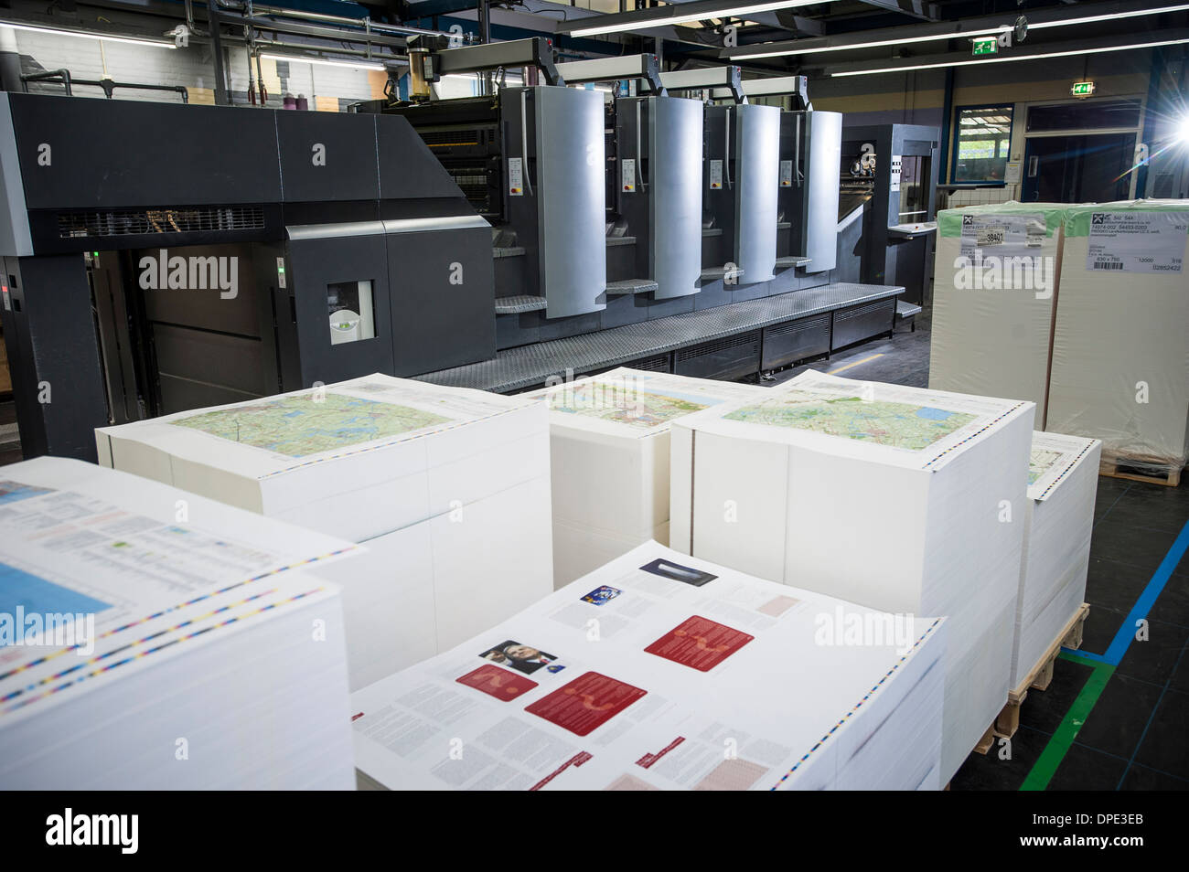 Pallets of finished printed products in paper printing warehouse Stock