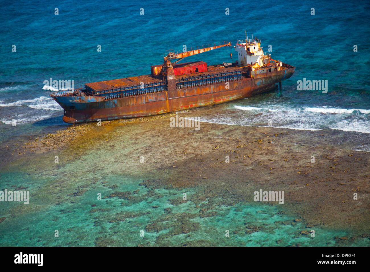 Shipwreck on reef  Belize  Caribbean Sea Meso American Reef Reserve Lighthouse Reef Atoll Largest reef in Western Hemisphere Stock Photo