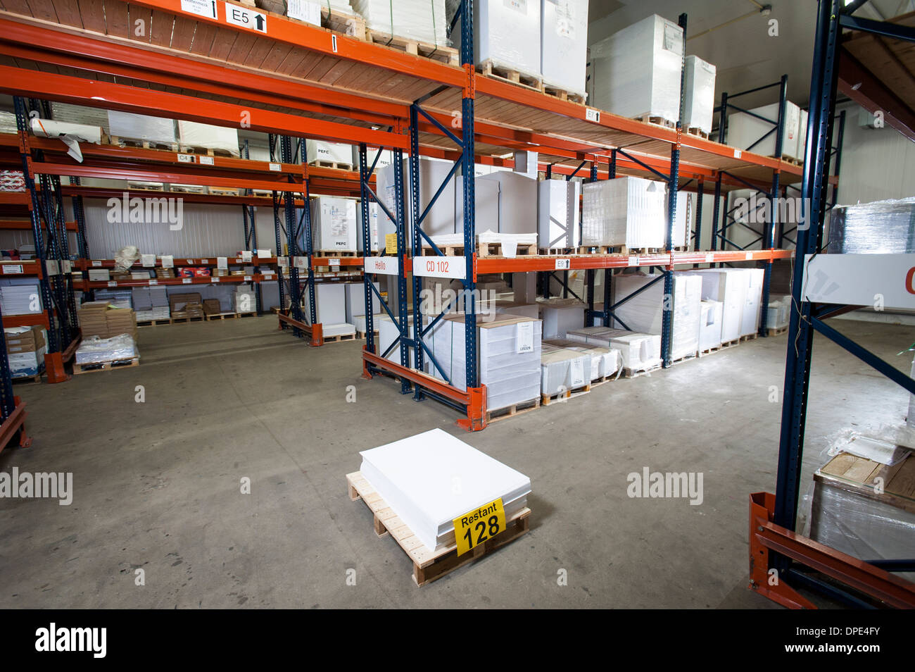 Numbered paper package on pallet in printing warehouse Stock Photo