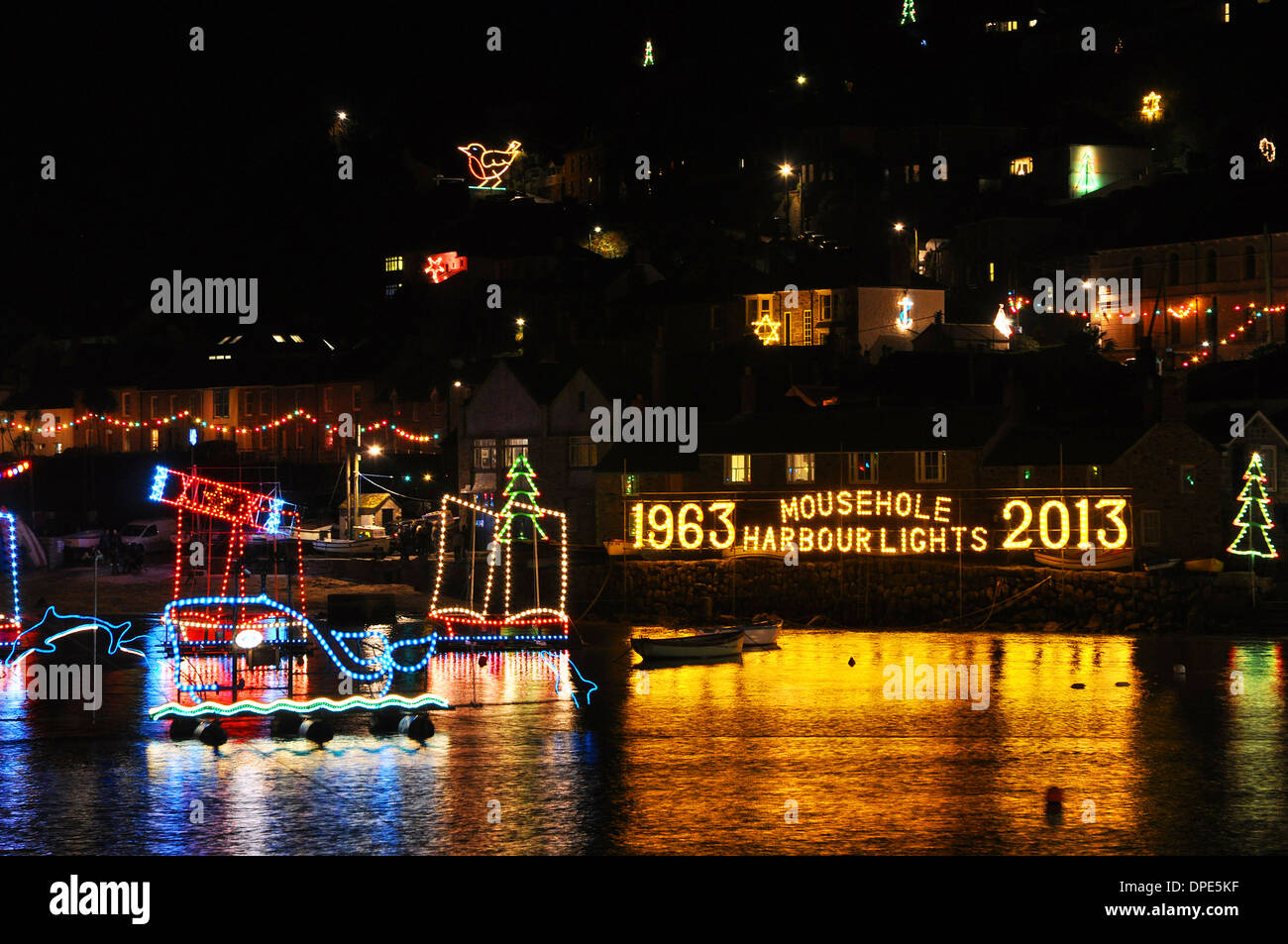 The christmas lights display at Mousehole in Cornwall, UK Stock Photo