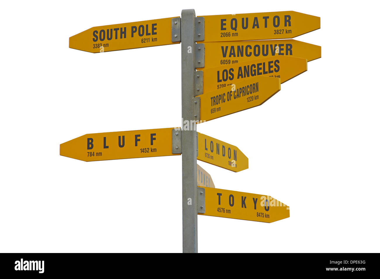 Cutout of direction signpost, Cape Reinga, Far North, Northland, North Island, New Zealand Stock Photo