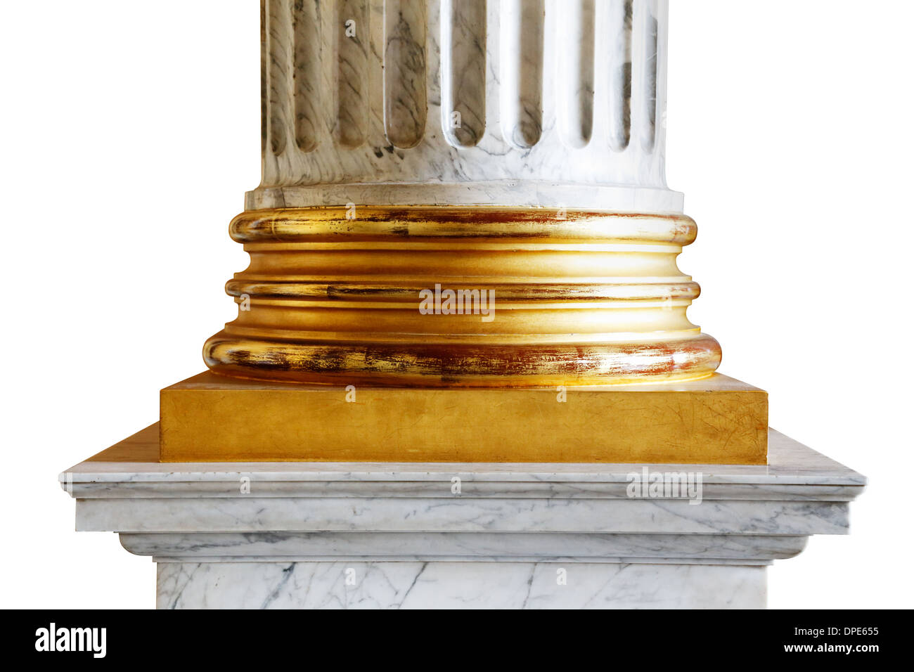 A close-up of an ancient white marble classical column with gold incrustations Stock Photo